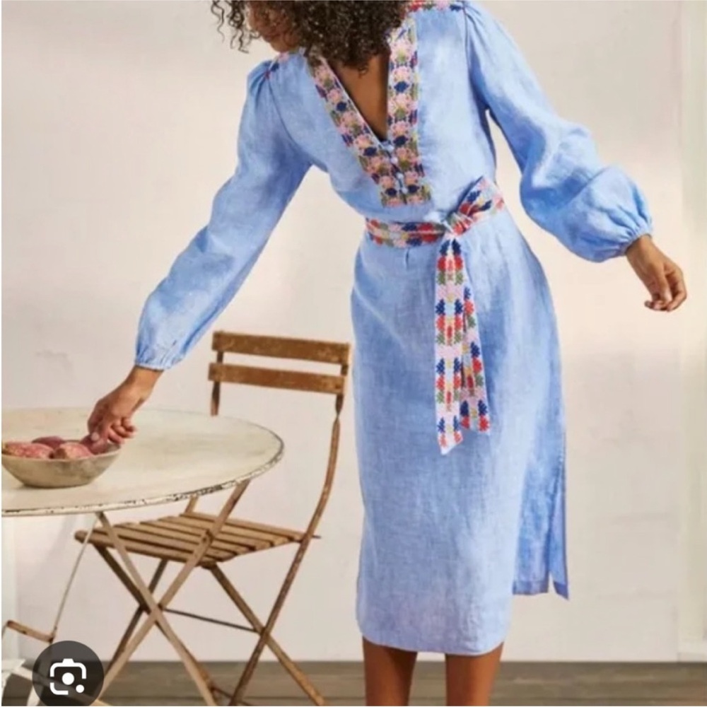Boden Leonie Embroidered Long Sleeve Linen caftan in blue - Picture 4 of 15